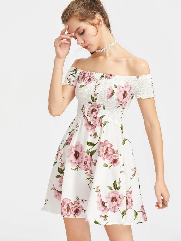 Floral Print Smocked Bardot Dress