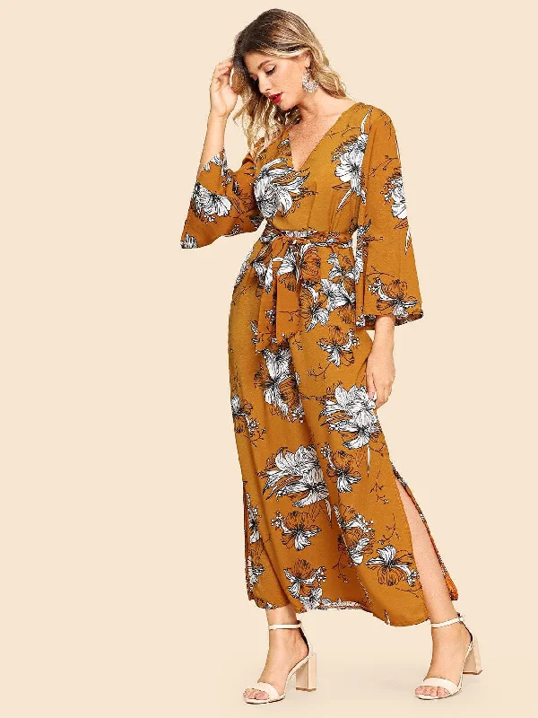 Split Side Tie Waist Floral Dress