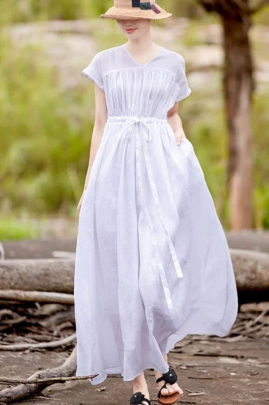 Women's Casual Linen Pure Color Waist Drawstring Dress